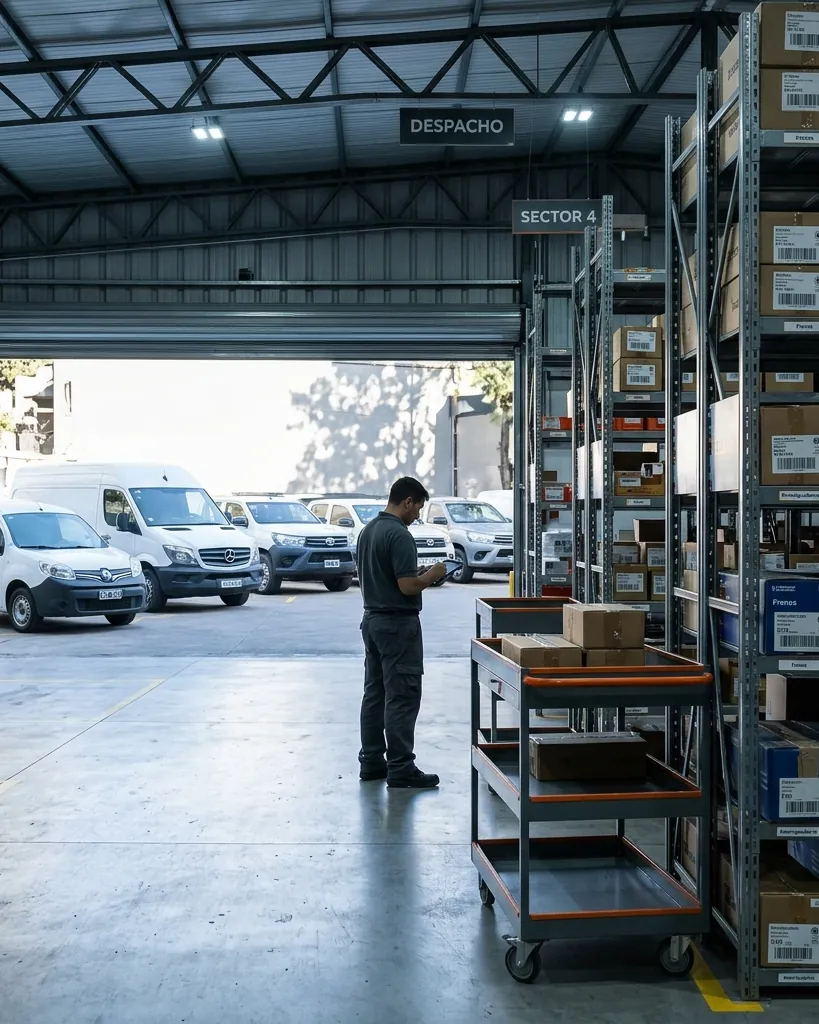 Depósito de autopartes con estanterías y utilitarios de flota en el sector de despacho