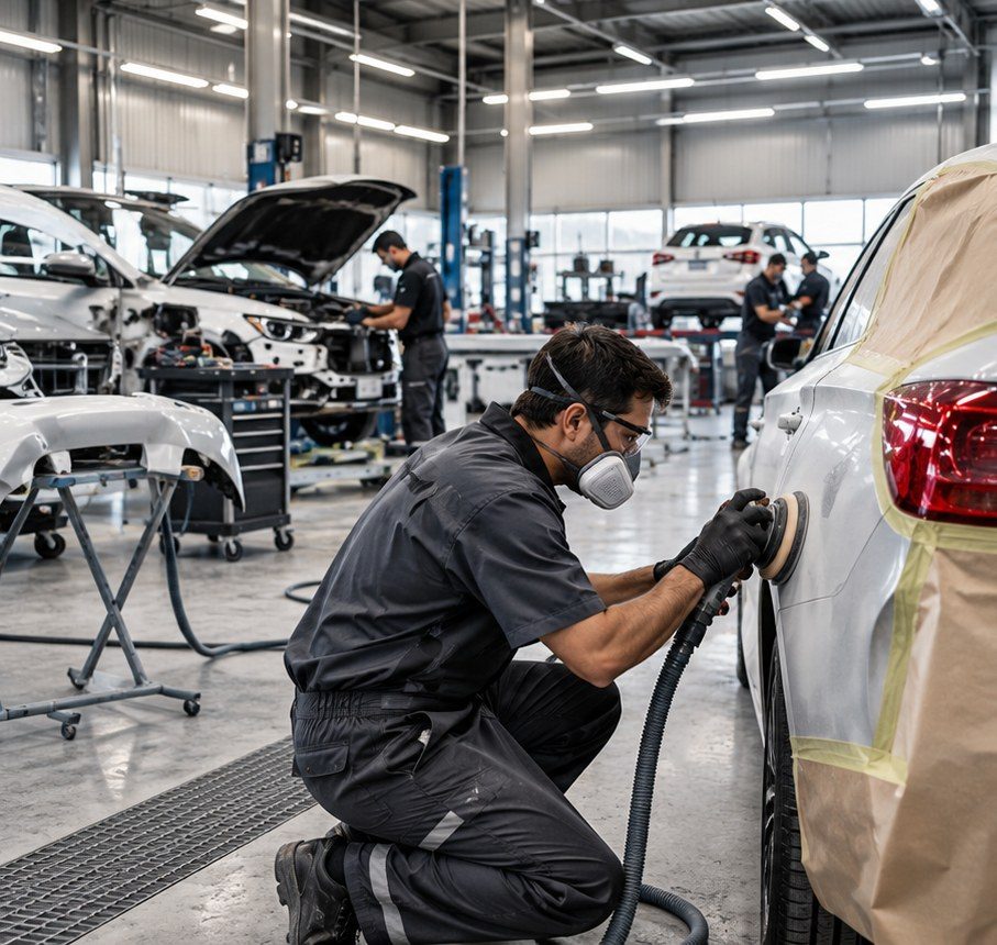 Técnico preparando la carrocería de un auto en el taller